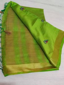 Vibrant Green Silk Saree with Golden Border