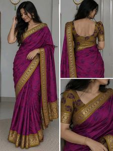 Double shade Vibrant Purple Saree with Gold Border