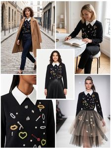 Embellished Black Top with White Collar
