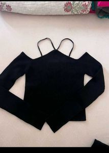 off Shoulder Ribbed Knit Top with strips