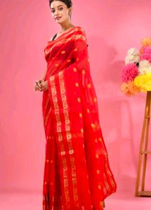 Vibrant Red Saree with Golden Border