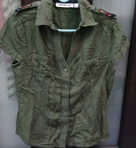 Stylish Olive Green Military Style Top - New