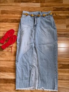 Light Wash Denim Maxi Skirt with Slit