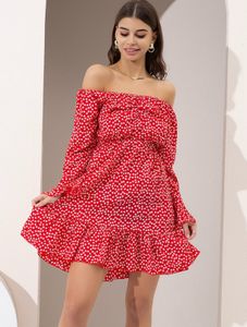 Red & White Off-Shoulder Dress