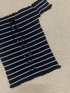 Striped Off-Shoulder Lace-Up Top