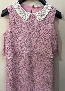 Pink Leaf Print Dress with Lace Collar