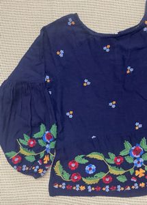 Zara Embroidered Navy Blue Blouse