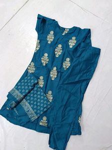 Stylish Blue Foil Print Kurta With Pant& Dupatta