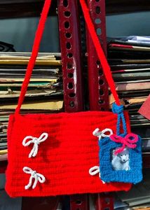 Chic Red Crochet Handbag with Bows