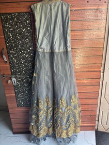 Elegant Grey &amp; Gold Anarkali Kurta Set with embroi