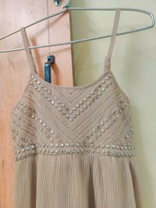 Beautiful Light Brown Knee Length Dress, Plastic Mirror Work, Round Neck, Stretchable, Adjustable Straps. Soft Material With Inner Lining. Totally New.