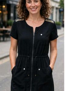Black Zip-Front Dress with Studded Shoulders