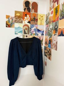 Sparkly Navy Blue Balloon Sleeve Crop Top