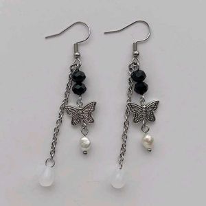Butterfly Dangle Earrings with Green Beads