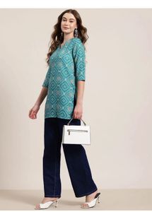 Teal Geometric Print V-Neck Kurta