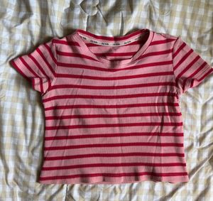 Pink &amp; Red Striped Cropped Tee