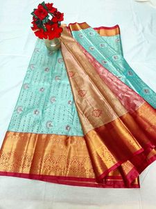 Elegant sea green Silk Saree with Gold Border