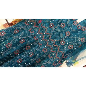 Elegant Teal Blue Party Wear Net Gown with Heavy S