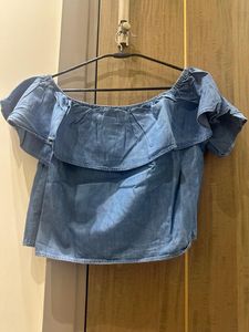 last price Blue Denim Off-Shoulder Ruffled Top