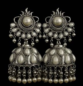 Oxidized Jhumka Earrings with Pearls