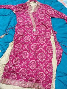 Silai Bandhej Pink Embroidery  Kurta with Sahara Bottom