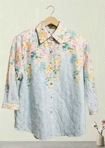 Light Blue Floral Print Button-Up Shirt