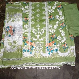 Green Floral Print dress material with lace work