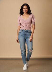 Chic Ruched Knit Top with Lace Trim