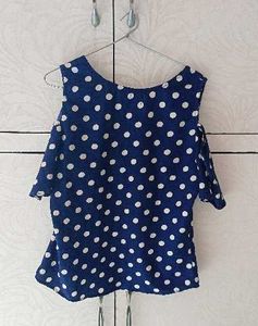 Blue Polka Dot Cold Shoulder Top