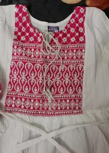 White &amp; Pink Embroidered Kurta with Fringes