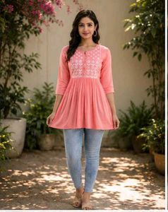 Pretty Peach Embroidered Kurti-All size