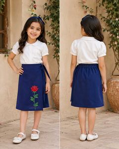 Cute Girls' Navy Blue Skirt with Rose Embroidery