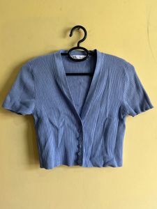 Zara blue ribbed knit button up cardigan crop top