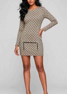 Chic Monogram Print Dress with Zipper Pockets