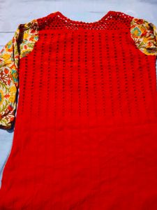 Vibrant Red Kurta with Floral Sleeves