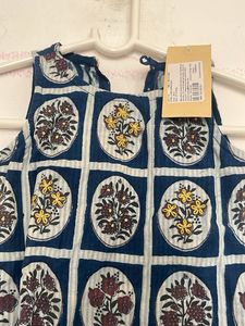 Blue Block Print Kurta with Tassels