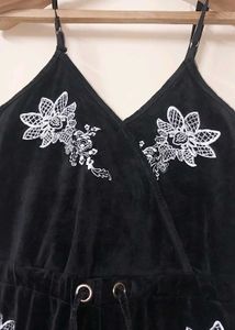 Black velvet Velour Embroidered Jumpsuit