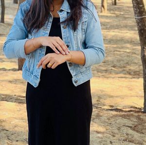 Classic Denim Jacket with Black Maxi Dress