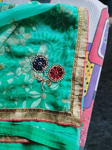 Beautiful Teal Saree with Floral Print