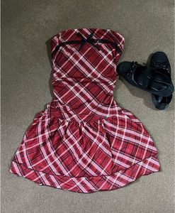 Red Plaid Strapless tube Mini Dress