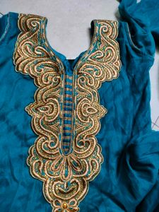 Teal &amp; Gold Embellished Anarkali Dress