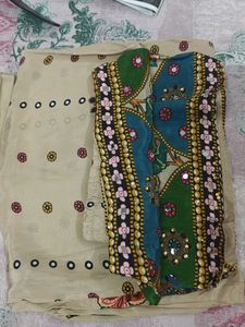 Beige And Pink Floral Printed Synthetic Suit Set