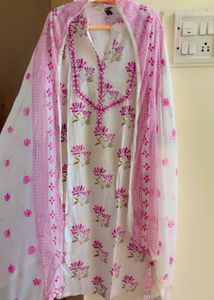White Kurta with Pink Floral Print and Dupatta