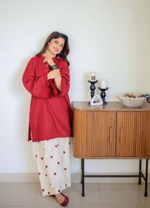 Elegant Red Kurta with Printed Palazzos