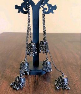 Long Tessle Oxidised Jhumka Earrings