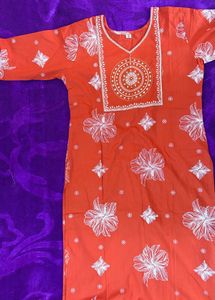 Orange Kurta Set with White Floral Print