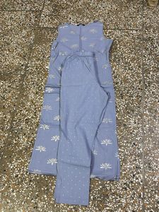 Side High slit Blue Kurta Set with Lotus Print