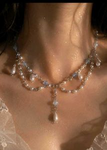 y2k blue pearl fairy necklace