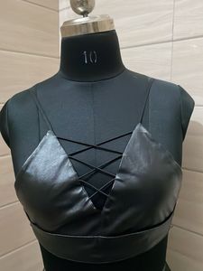 34 Black Faux Leather Lace-Up Crop Top
