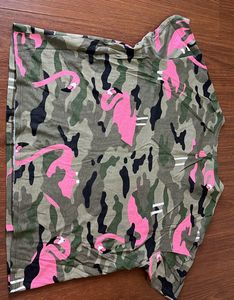 Green Army Print With Pink Flamingos T-shirt
